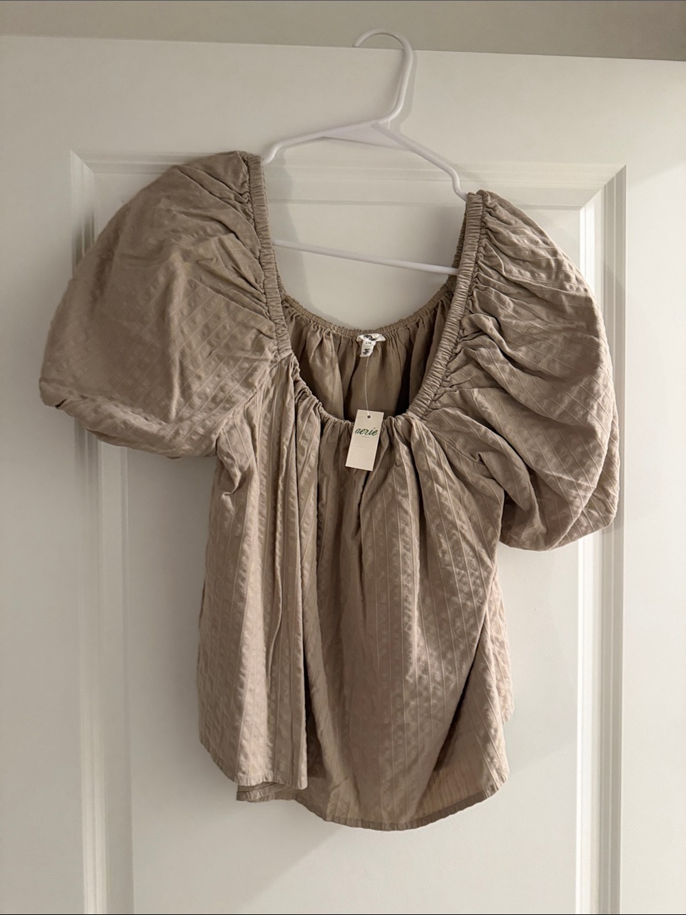 Aerie Taupe Puff Sleeve Square Neck Blouse